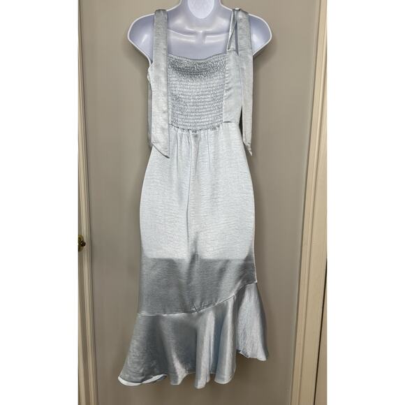 Skies Are Blue Satin Midi Dress XS Pastel Baby Blue Bridesmaid Bow Straps Ruffle - Picture 3 of 16